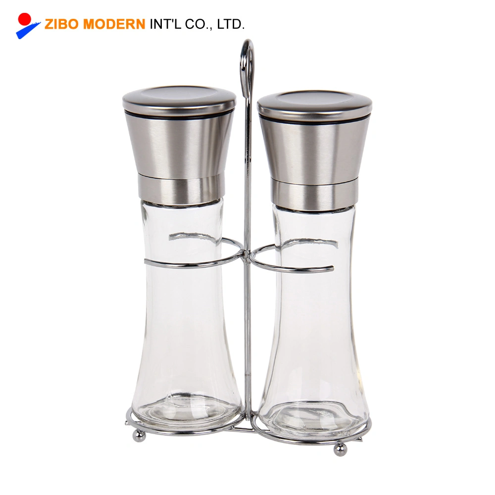 6 Oz Stainless Steel Salt and Pepper Grinder Set Pepper Mill and Salt Mill, Glass Tall Body with Rack, Herb Grinder, Herb Mill, Spicy Grinder, Spicy Mill