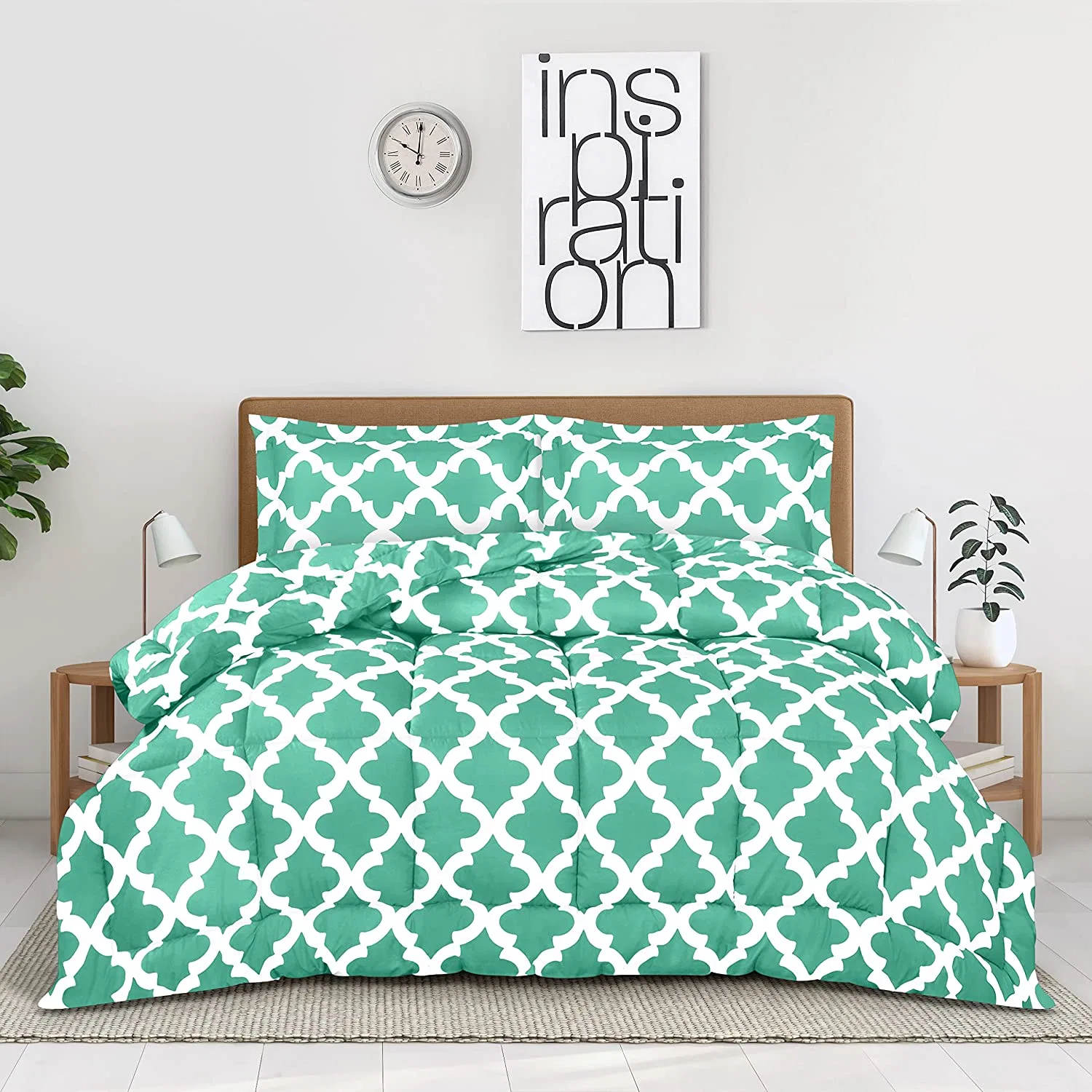 Bettzeug Tröster Set - Full Size Tröster Sets (Quatrefoil Sea Green) Mit 2 Kissen Shams - Bettwäschesets - Daunen Alternativer Tröster