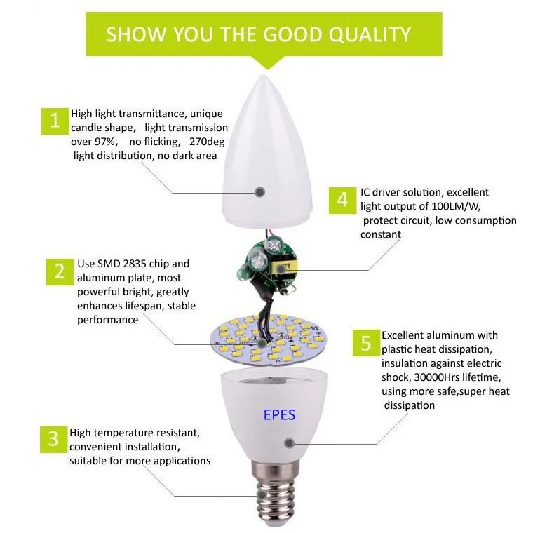 مصباح شمعة C37 بقوة 3 واط، 5 واط، 6 واط، 7 واط، 8 واط، E14 لمبة مصباح LED طراز E27