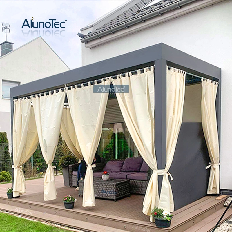 Toit en persienne en aluminium de luxe pour pergola de terrasse de gazebo d'hôtel en gros avec porte coulissante.