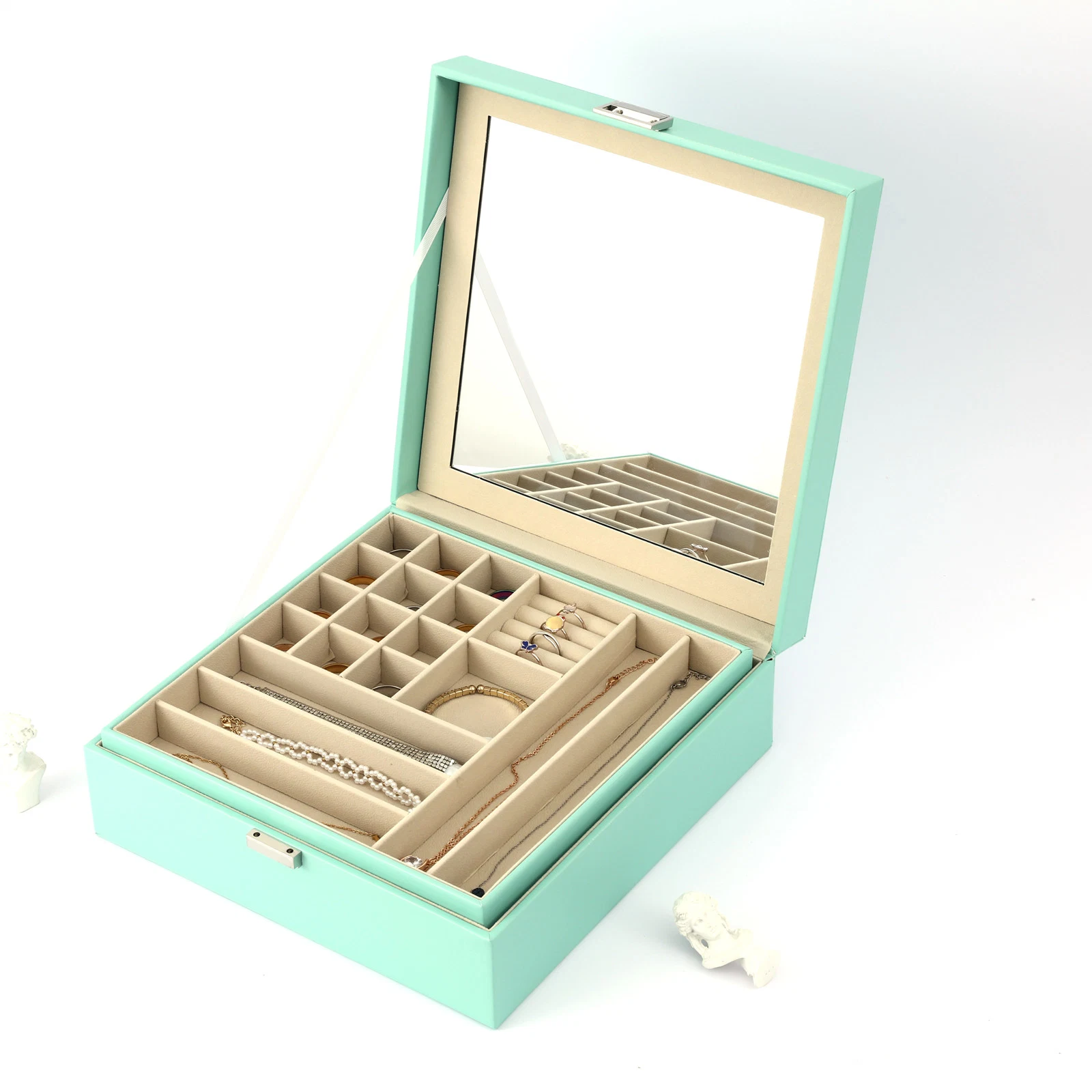 Two-Layer PU Leather Jewelry Storage Box Drawer Ring Earrings Jewelry Box Lock Finishing Jewelry Storage Box