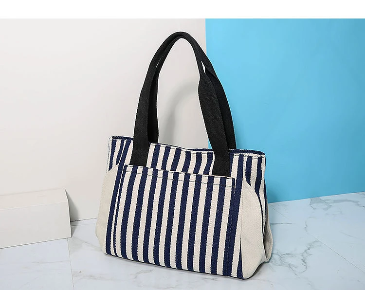 Lady Fashion Cotton Stripe Canvas Tote Handbag Satchel Handbag for Shopping