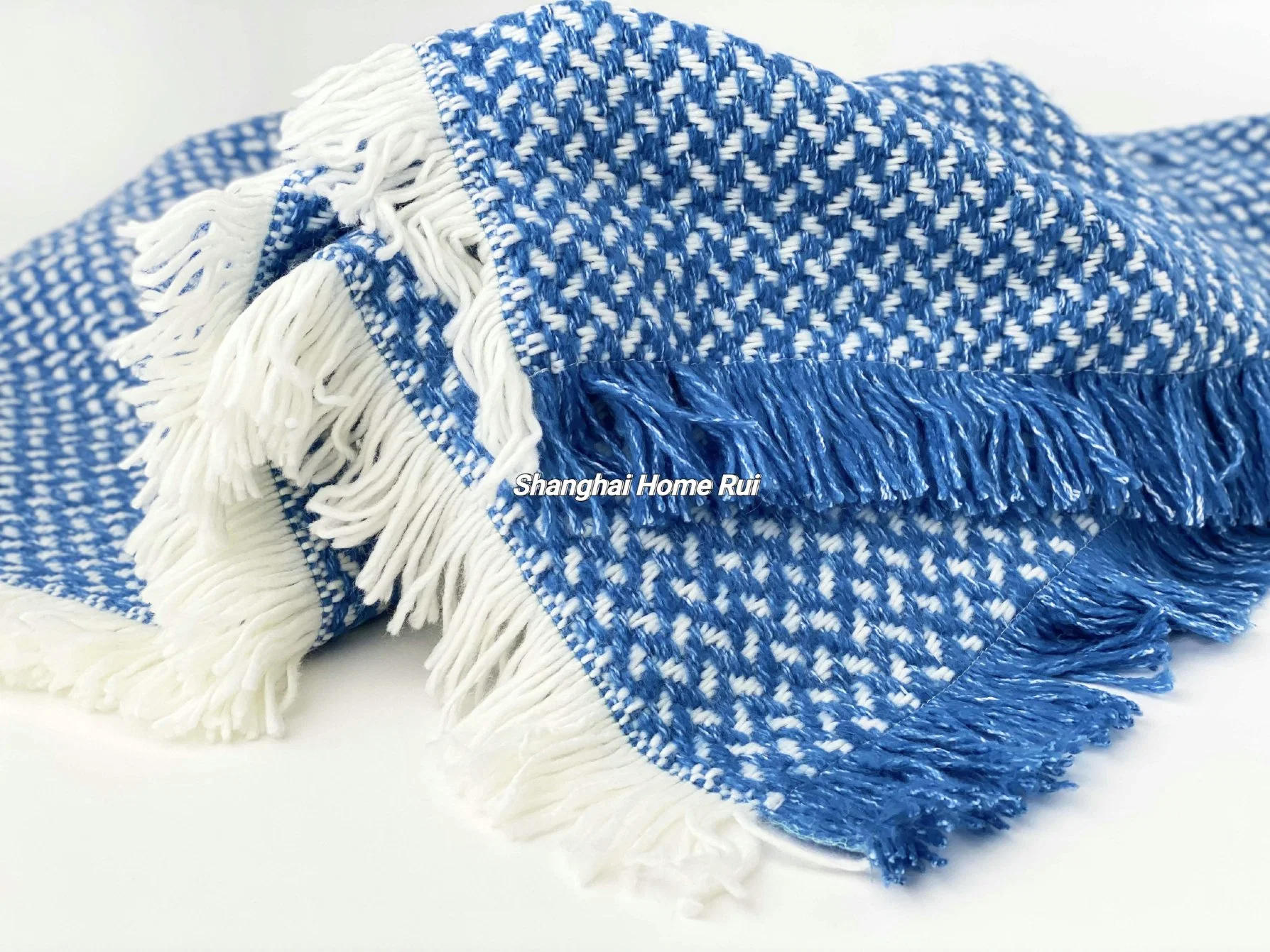 Home Outdoor Travel Bed Sofa Car Soft Warm Blue White Woven Self-Fringe Tassel Jacquard Geometric Throw Blanket Cover