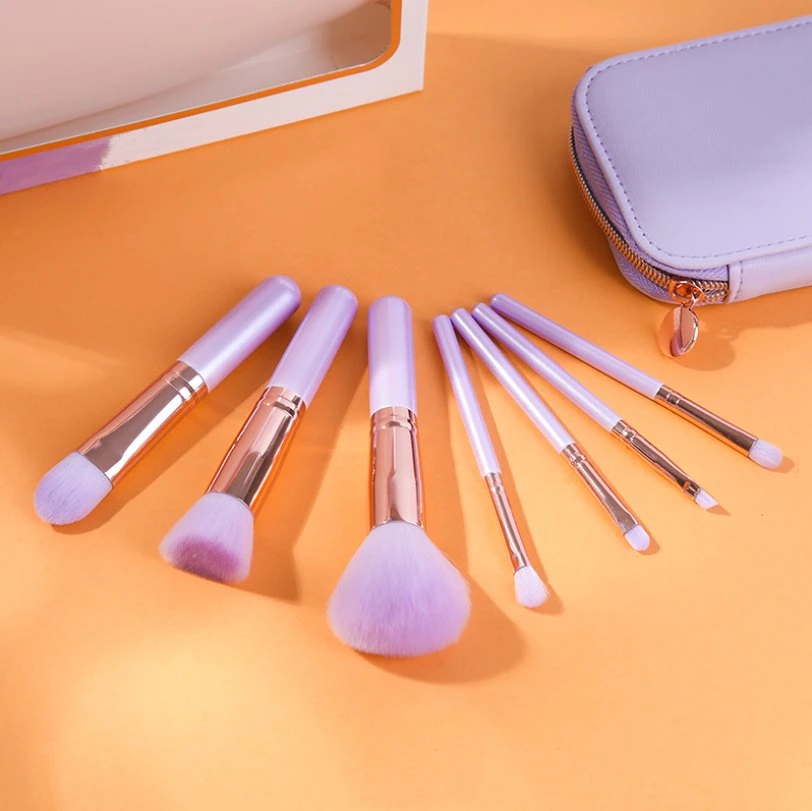 7PCS Pink Custom Face Cosmetic Makeup Brush Set Synthetic Hair Nylon Bristles Purple Makeup Brush Set with Bag