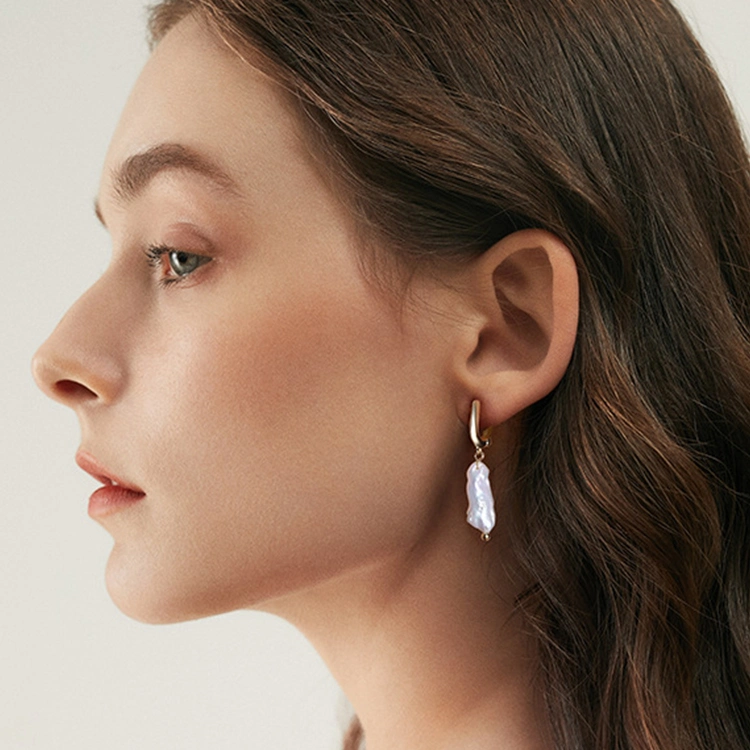 New Fashion Jewellery Instagram Simple Baroque Irregular Earrings 14K Gold Plated 925 Sterling Silver Freshwater Pearl Hoop Earrings