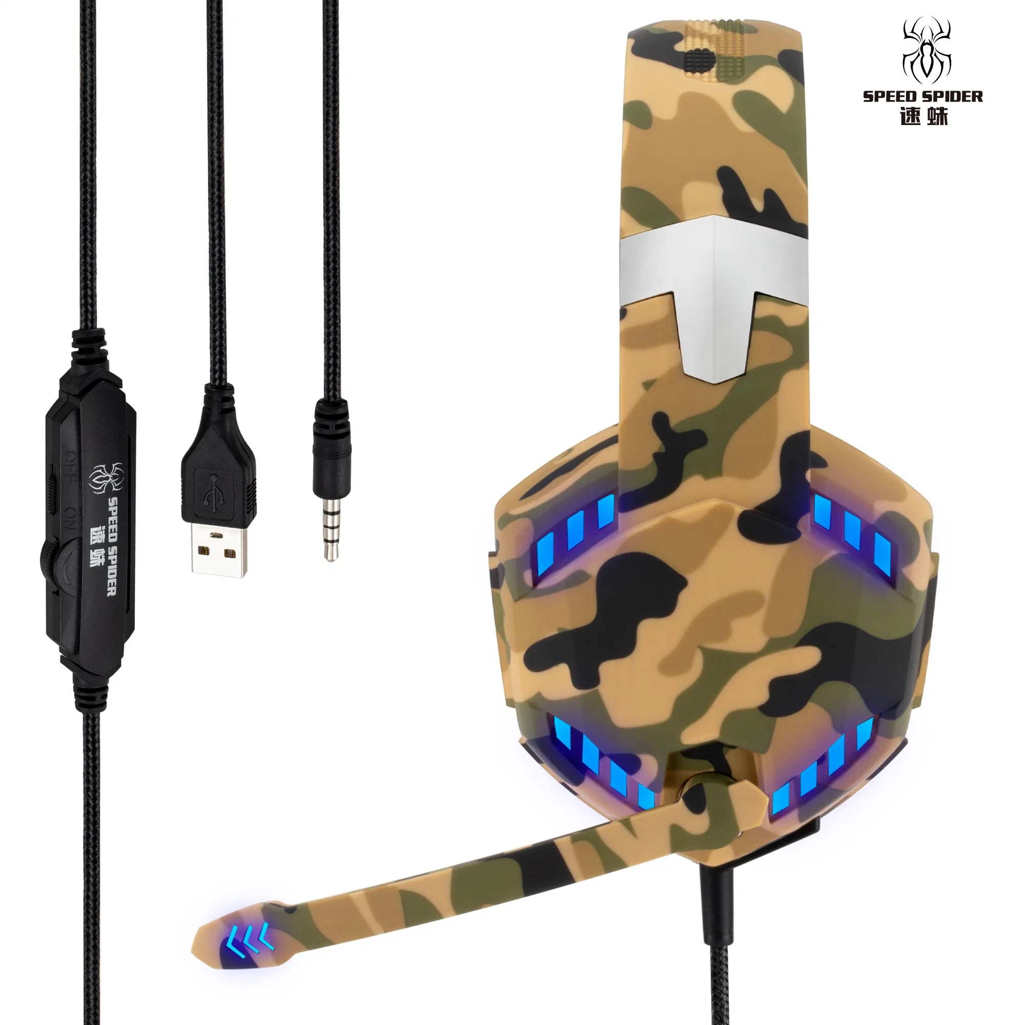 Camo Featured LED Light 50mm Wired Overhead Gaming Headphone with Mic