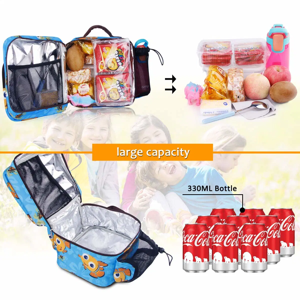 As crianças Bonitinha Goldfish isolada Tote bolsa com alça a tiracolo ocultos Saco térmico do recipiente de almoço para as crianças, Azul