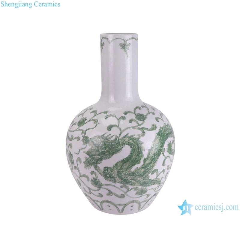 Chinese Dragon and Phoenix Pattern Green and White Color Ceramic Ball Globular Vase