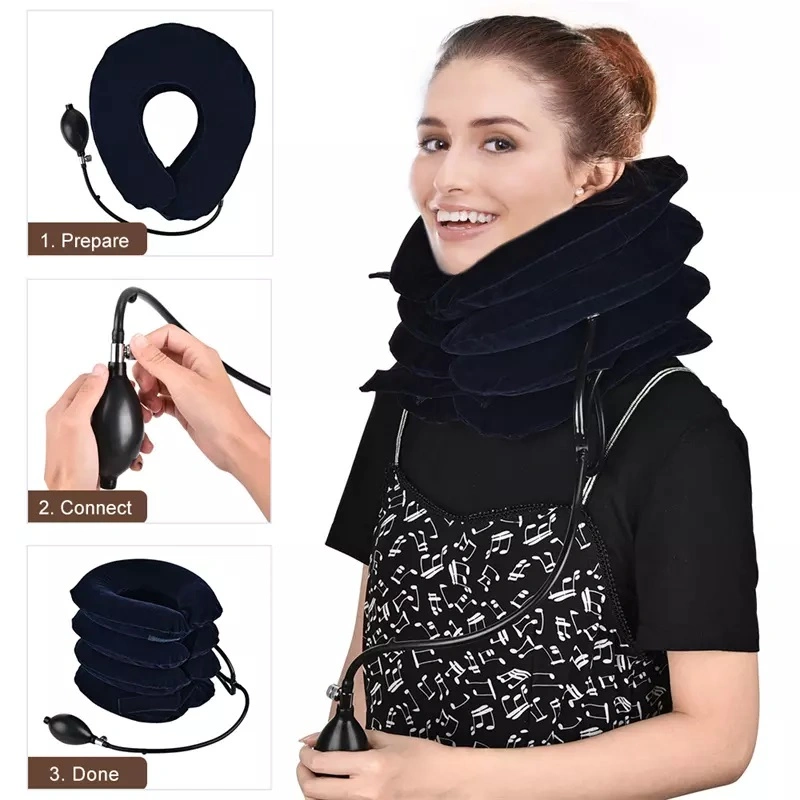 Adjustable Inflatable 3 Layers Air Neck Traction Device Shoulder Relaxer Device Home Tractor Neck with Soft Magic Tape