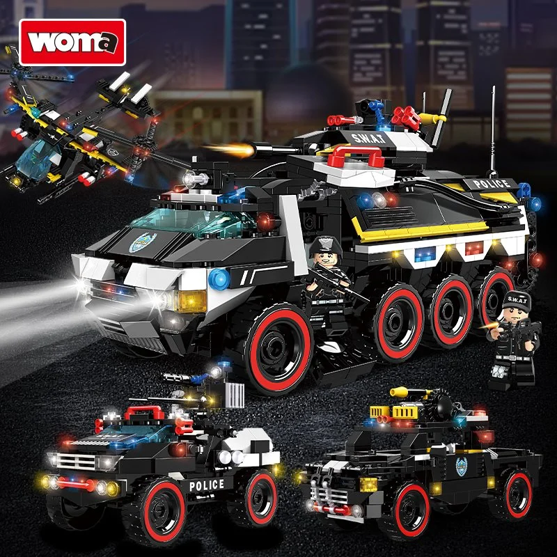 Woma Toy 2022 New Kids la Fiesta de Cumpleaños Regalos de Navidad Ciudad Plano de vehículo de la SWAT Swat Team 3 en 1 bloques de ladrillo de coche de juguete DIY Chico modelo de coche