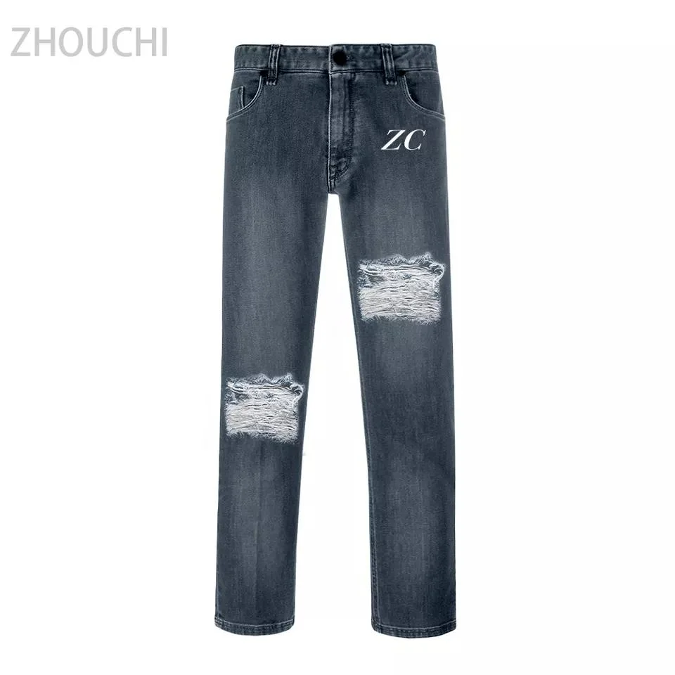 New Fashion Straight Tube Streetwear Mens Destroyed Denim Slim Ripped Vintage Multi Color Jeans Pants