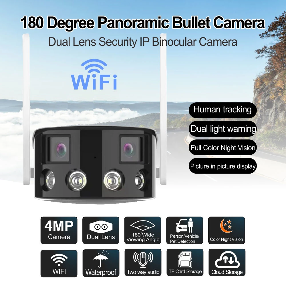 Zwei-Wege-Audio IP66 Warterproof Dual Light Warning 4MP+4MP binokular Kamera 180 Grad Panorama Bullet Kamera