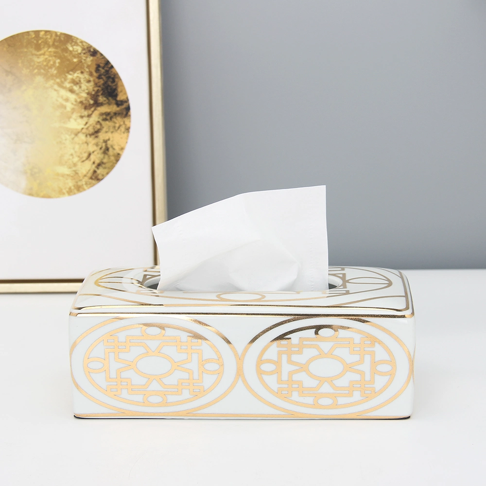 T014 último diseñador Ceramic Gold Tissue Box Holder Casa de lujo Accesorios de decoración Caja de papel rectangular de porcelana