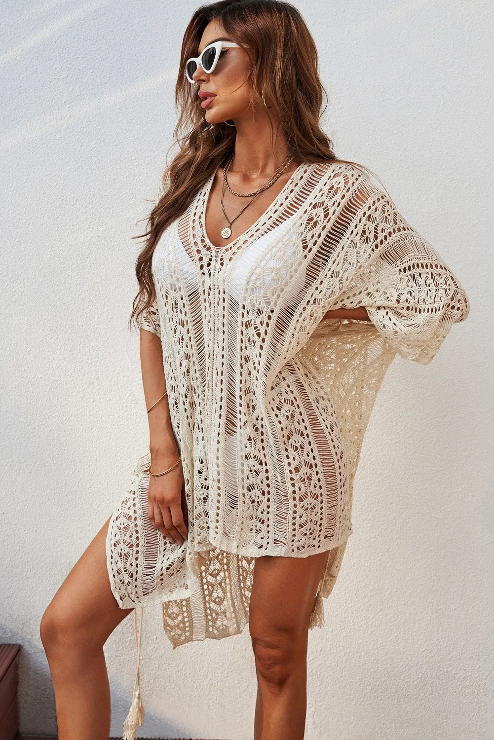 Fashion Women White Crochet Knitted Tassel Tie Kimono Beachwear