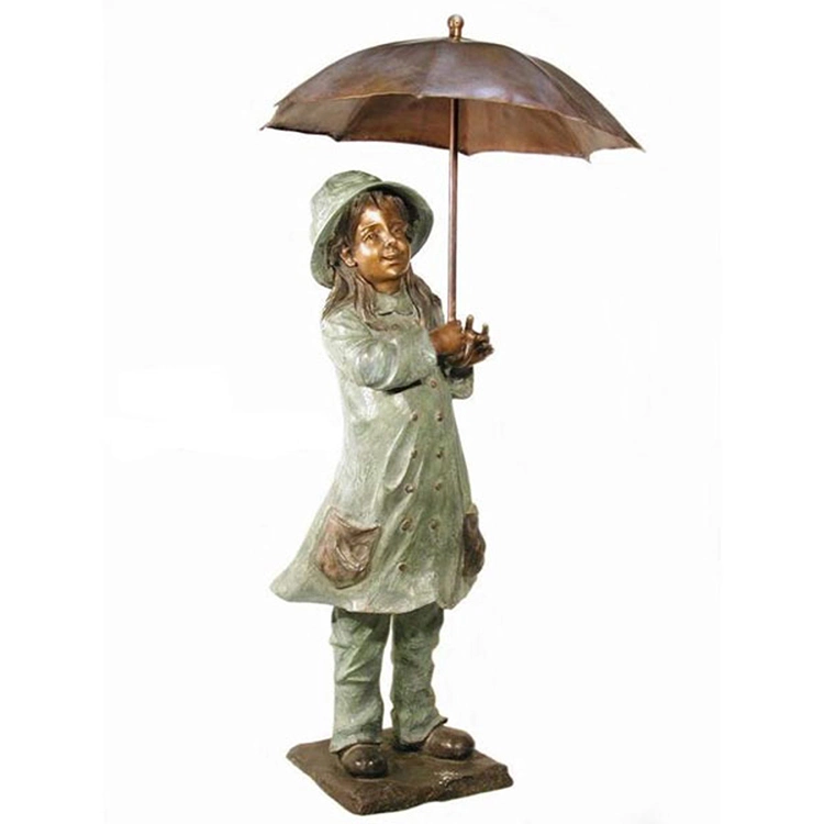 Jardin Décoration extérieure Taille personnalisée Fontaine à eau parapluie fille Sculpture en bronze