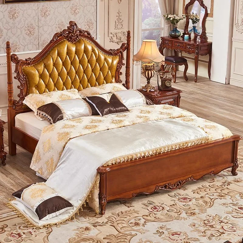 Headboard Wooden Loft Soft Bed Genuine Leather Bed Luxury Furniture Solid Wood Wall Bed