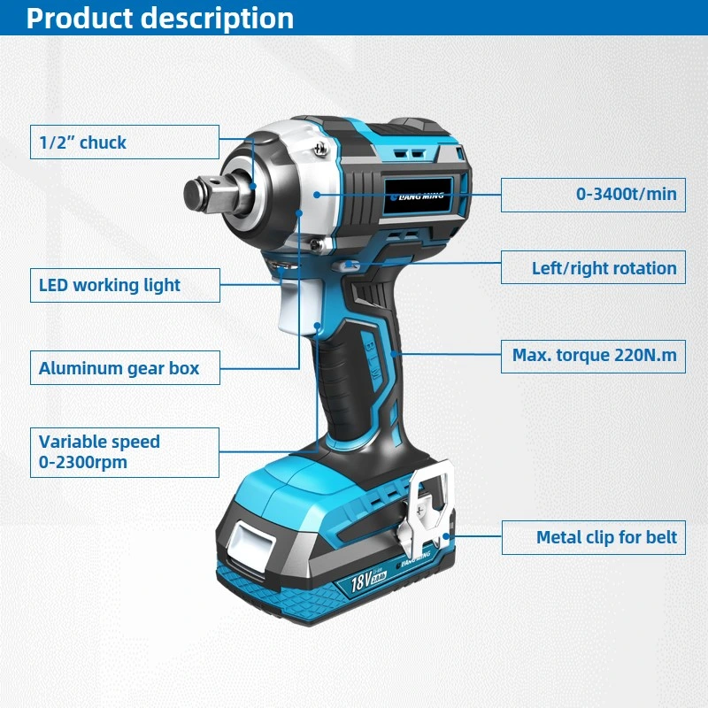 18V/20V Cordless Range Rechargeable 3400bpm Impact Rate Electric Brushless Impact Wrench Cordless