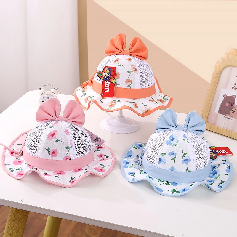 New Baby Girls Shade Fisherman Wrapped Floral Bow Printed Mesh Pot Cap