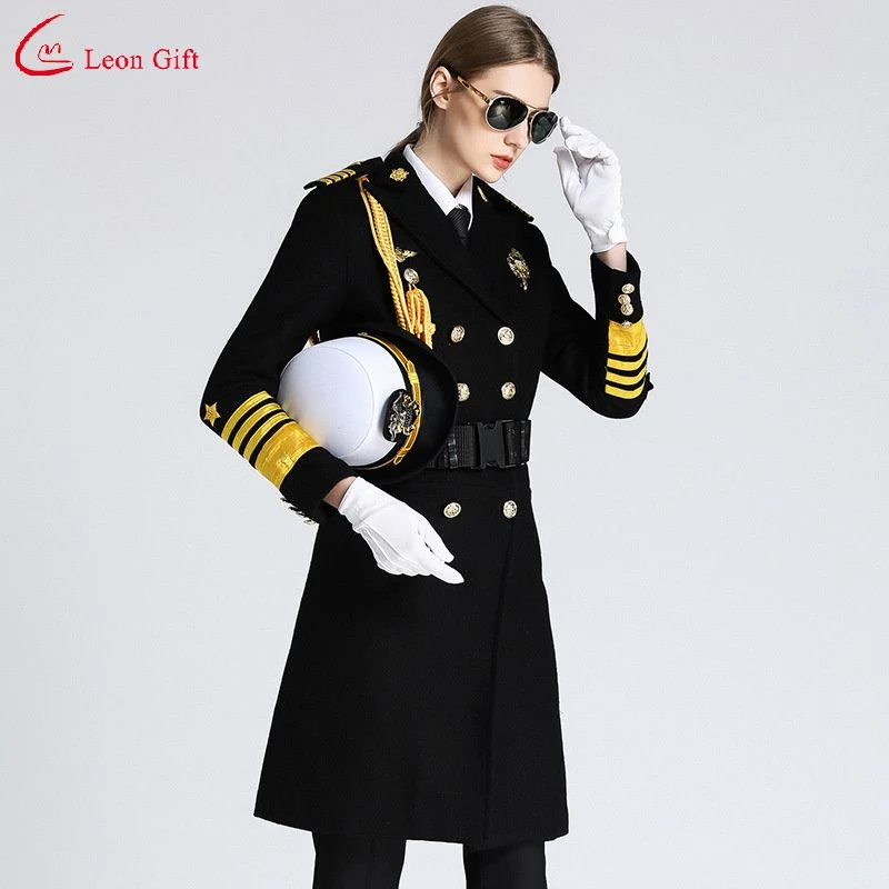 Custom Logo Workwear Sets Sicherheit Uniform Seaman Mantel Weiblich Lang Schlanke knielange Captain′ S Jacke Rundanzug Allied Universal Sicherheitskleidung