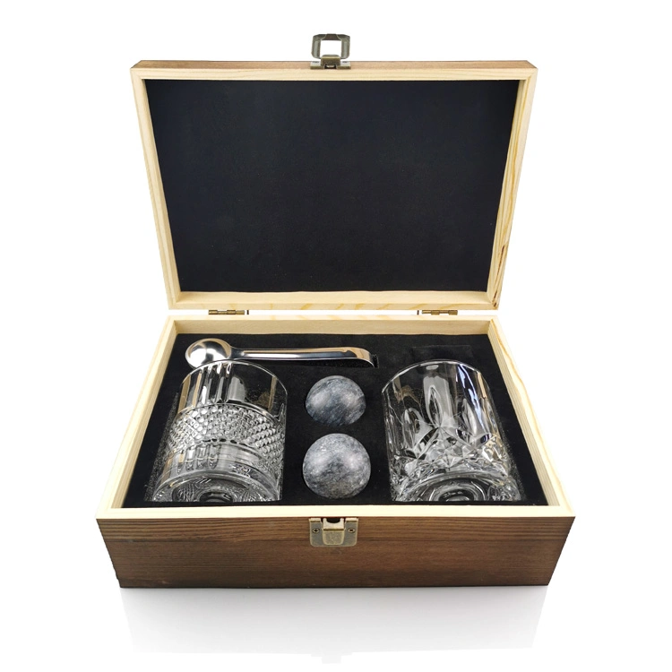 يدوّر المحبطون حجارة الويسكي الزجاجي بالكريستال Wine Glass Whiskey العصرية مجموعة هدايا كروية مع صندوق خشبي للرجل