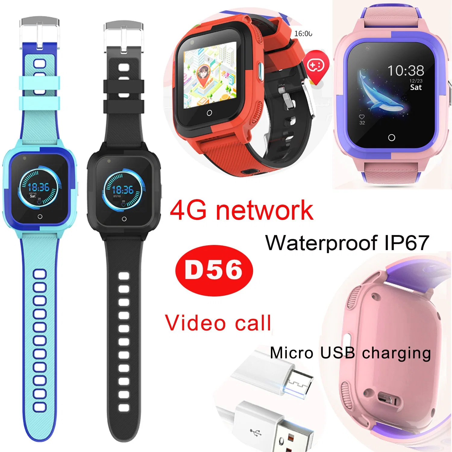 New Arrival 4G WiFi GPS IP67 Waterproof Kids Smart Watch with Camera Video Call for Fitness Tracking D56