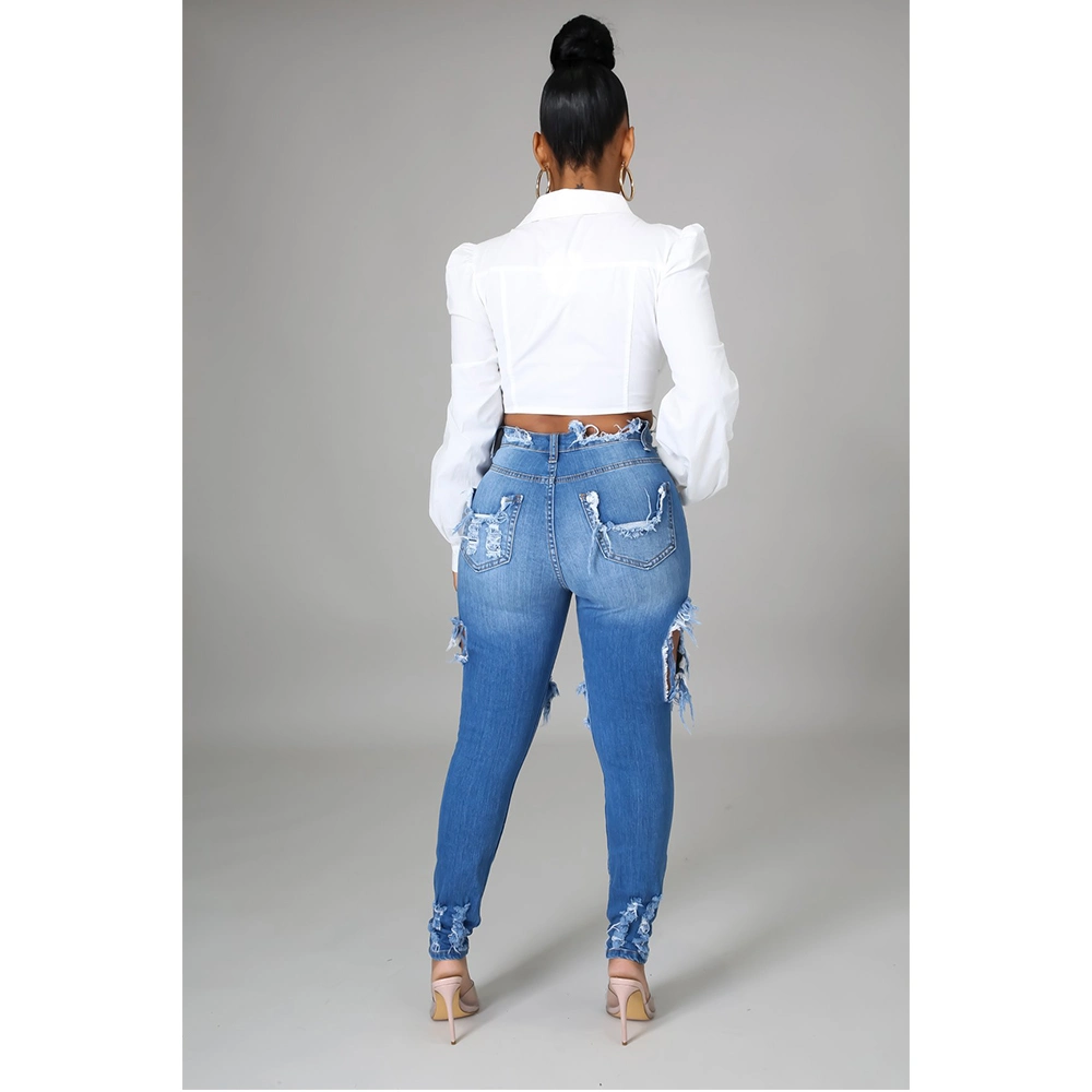 La moda de la mujer vaqueros Skinny Azul Ripped Jeans Pantalones Mujer Mayorista/Proveedor de 2022.