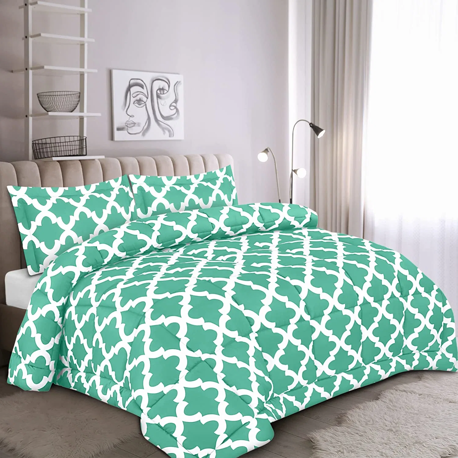 Bettzeug Tröster Set - Full Size Tröster Sets (Quatrefoil Sea Green) Mit 2 Kissen Shams - Bettwäschesets - Daunen Alternativer Tröster