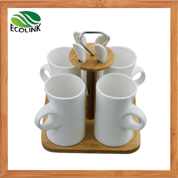 Ceramic Coffee Cup Set with Bamboo Stand