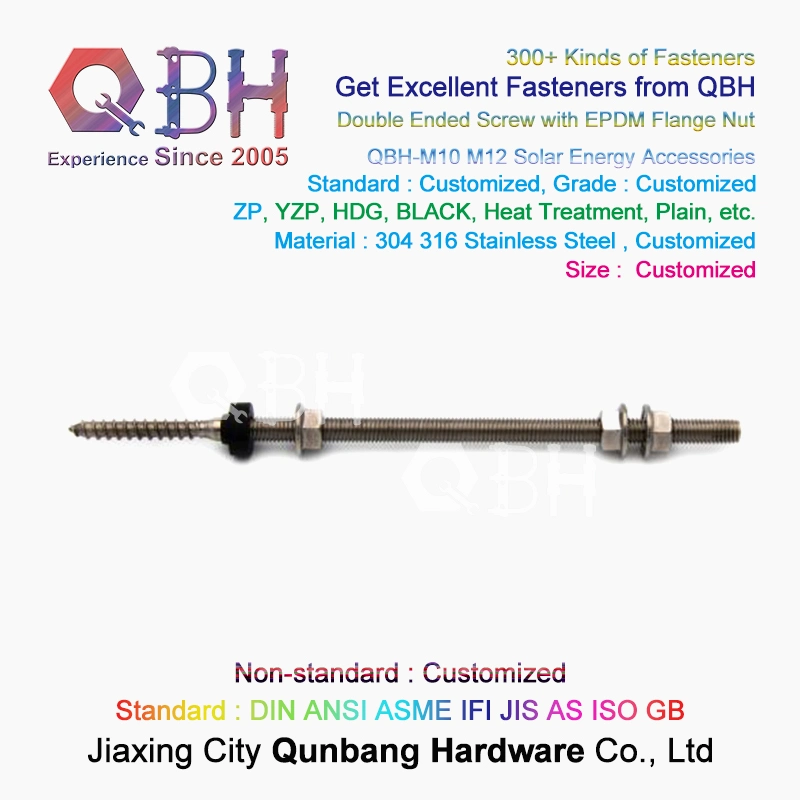 Qbh Customized Carbon Steel/Stainless Steel PV Power Energy Panel Bracket Hanger Roofing Dual Double End Stud Rod Head Screw Bolt Solar Component