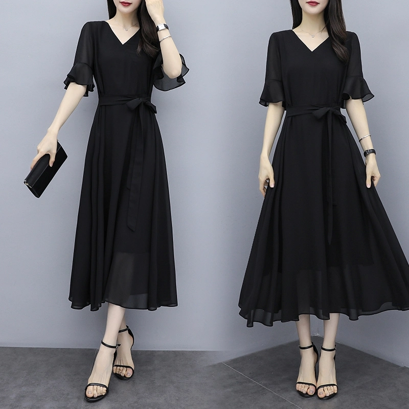 2023 Summer New Style Temperament Thin Hepburn Style V-Neck Short Sleeve Black Chiffon Dress