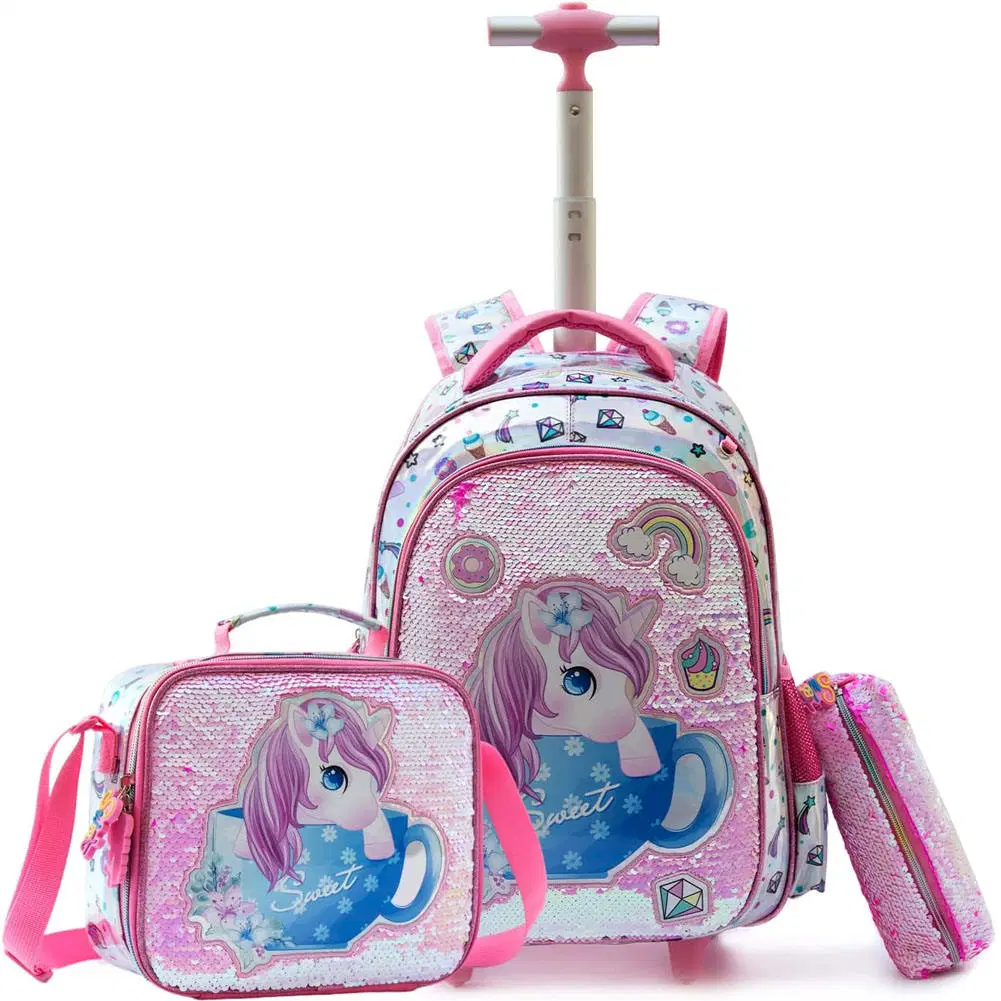 Unicornio personalizado chica desmontable Carrito de la escuela, los niños Cartoon Bolsa mochila con Box Lunch y lápiz caso