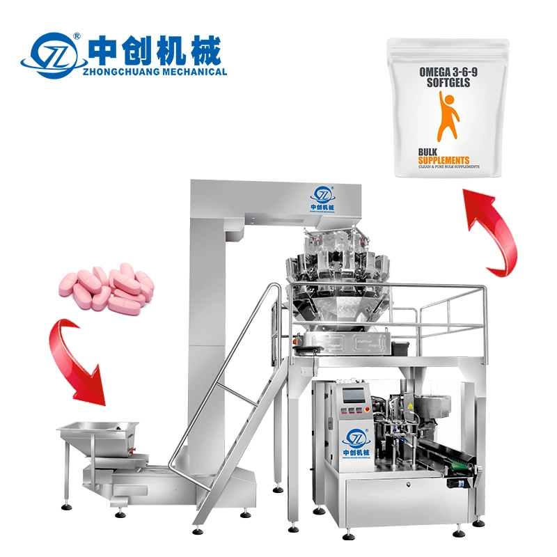 Machine de conditionnement de granulés à fonction multiple pour le remplissage de sachets en plastique Doypack debout préfabriqués avec fermeture automatique rotative personnalisée.