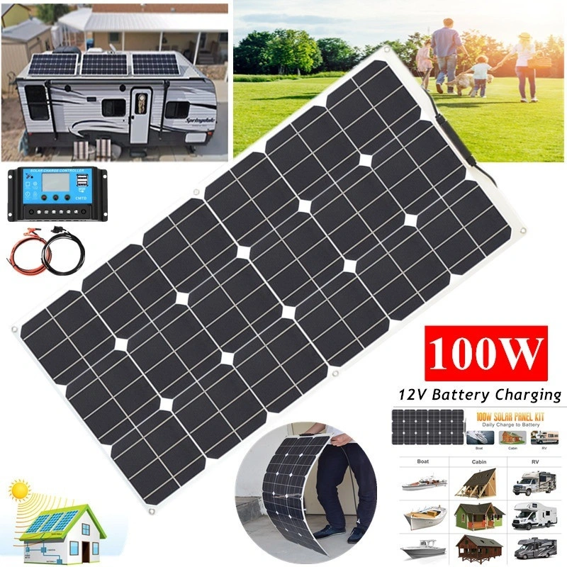 Solarparts panel solar flexible de 12V 100W Kit de instalación fotovoltaica celda solar cargador para coche barco RV camping Outdoor