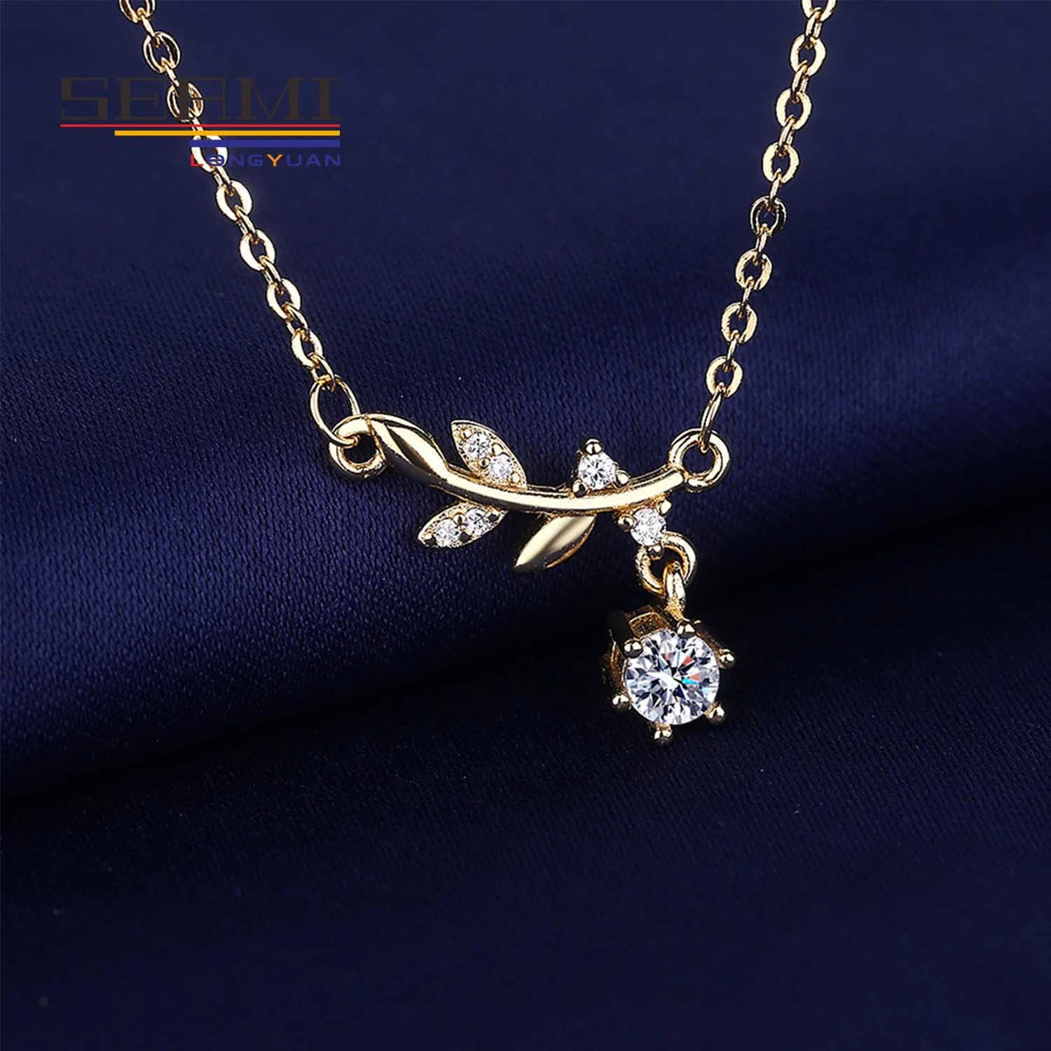 Floral Olive Leaf Gold Cross Chain Diamond Pendant Flower Necklace