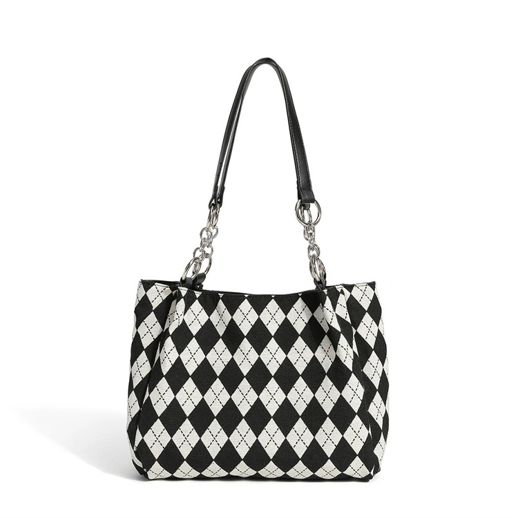 Classical Black White Geometric Pattern Women's Bag Large Shoulder Bag Soft Knit Checkered Tote Handbag with Half Chain PU Leather Handle