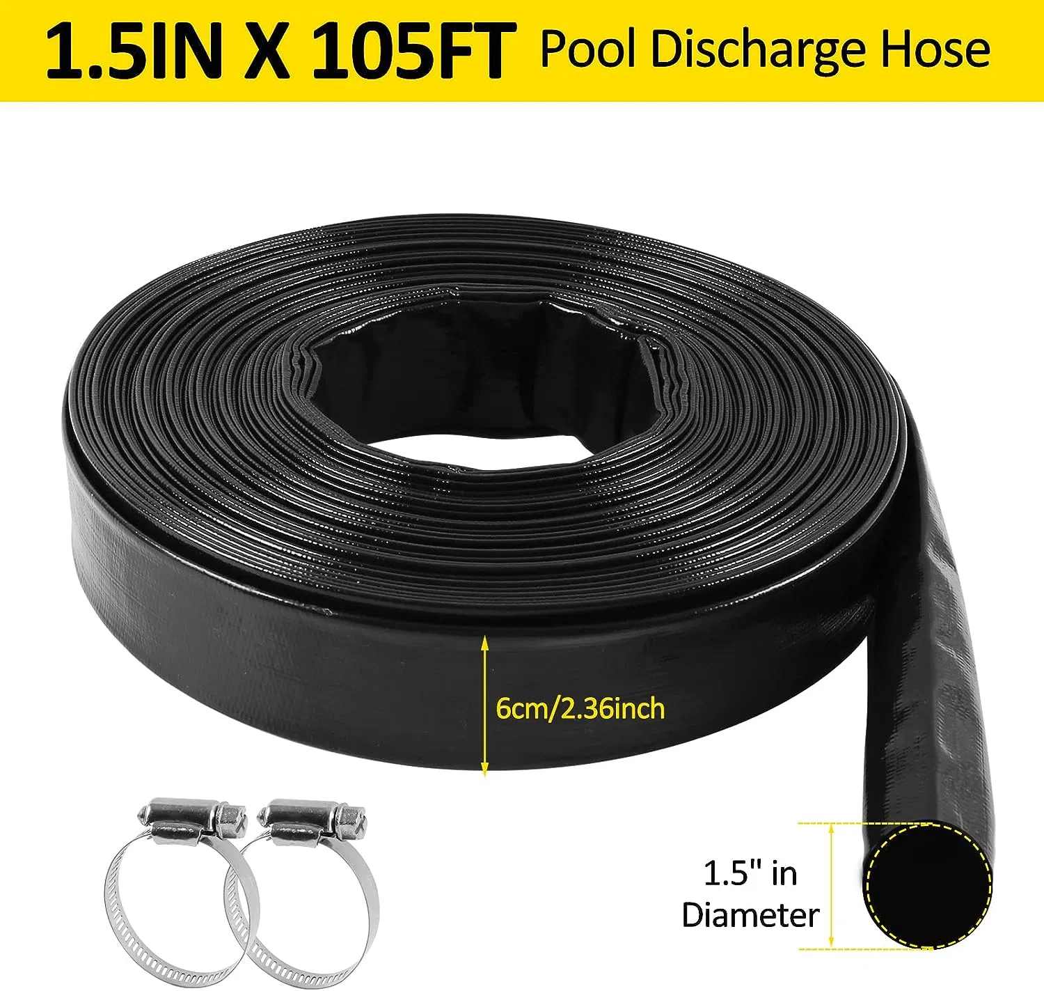 Lay Flat Drain Hose PVC Swimming Pool Backwash Hose with 2PCS Clamp