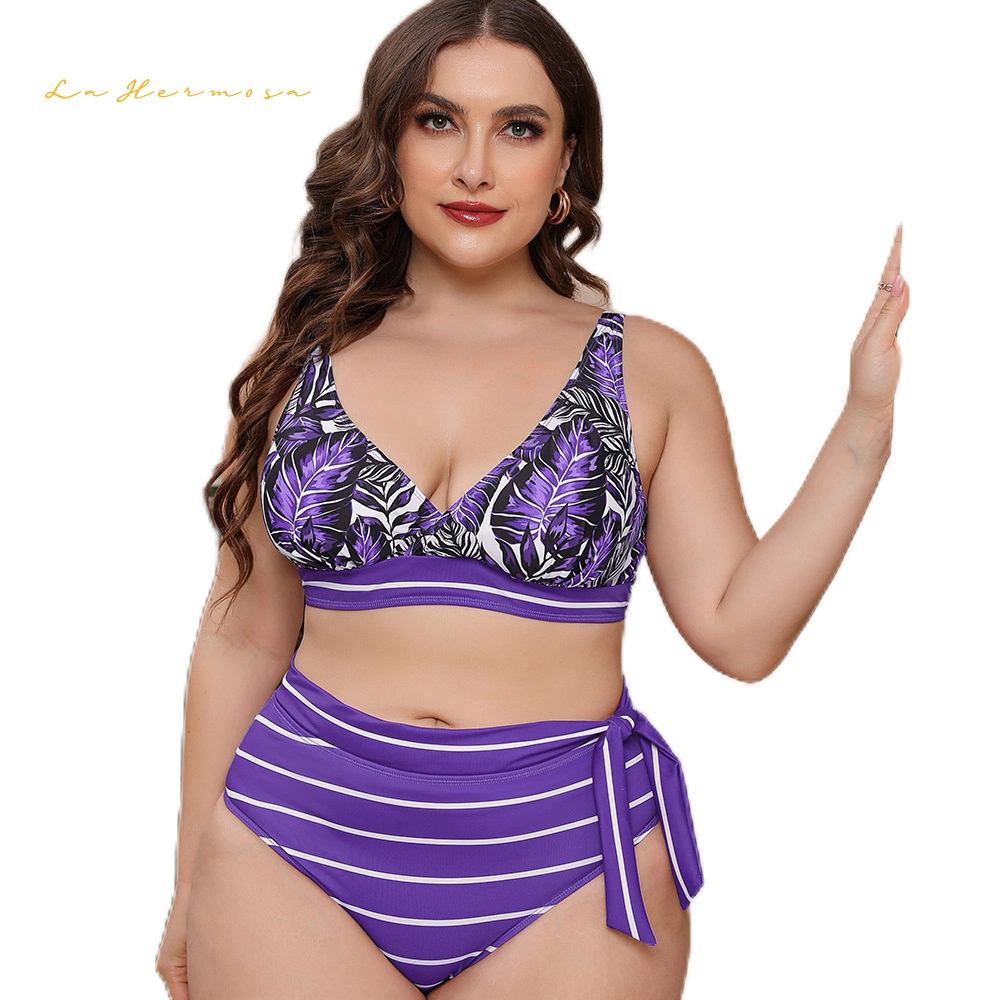 Fashion Stripe Print Two Piece Swimsuit Bathing Suit Sexy Women Bikini Plus Size High Waist Knotted at Waist Wholesale/Supplier Designer Swimwear