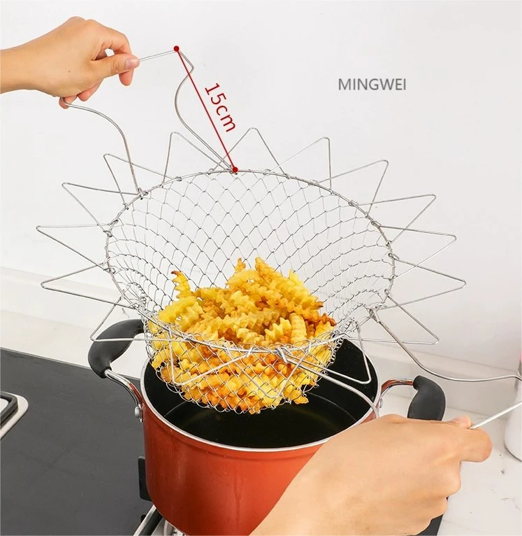 Mingwei 304 Stainless Steel Folding Fry Basket Strainer Net Kitchen Colander Cooking Tools