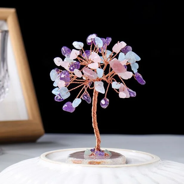 Christmas Business Gift Amethyst Crystals Copper Tree of Life Wrapped on Natural Agate Base Luck Figurine Money Tree Decoration