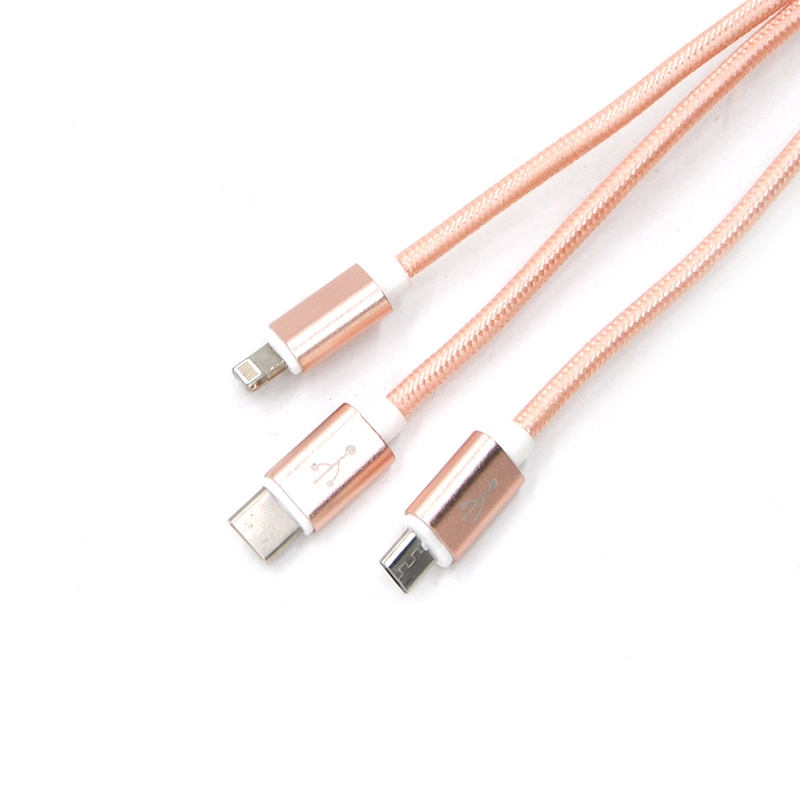 Wholesale/Supplier Nylon Braided Three in One Cable 3 in 1 Multi-Function 2V Fast Charing USB Charging Sync Data Cable for Micro Type-C Lightning USB