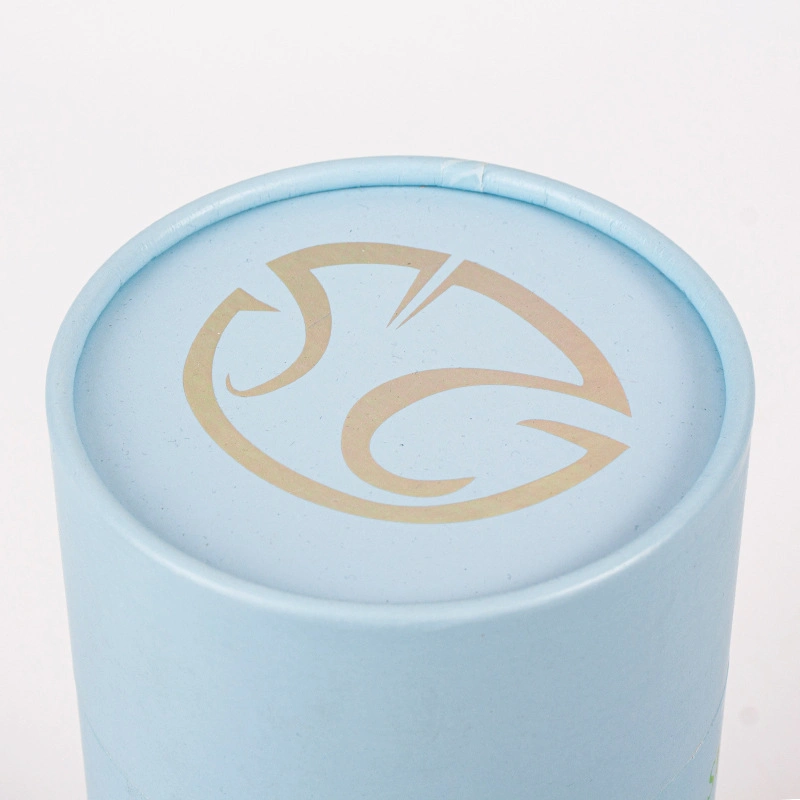 White Kraft Paper Tube Packaging Custom Silver Foil Cylinder Box with Light Blue Printing