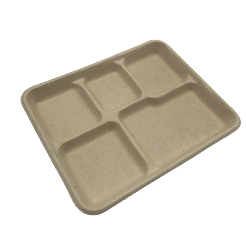 Multiple 5 Compartment Eco Biodegradable Disposable Fast Food Packaging Bagasse Tray