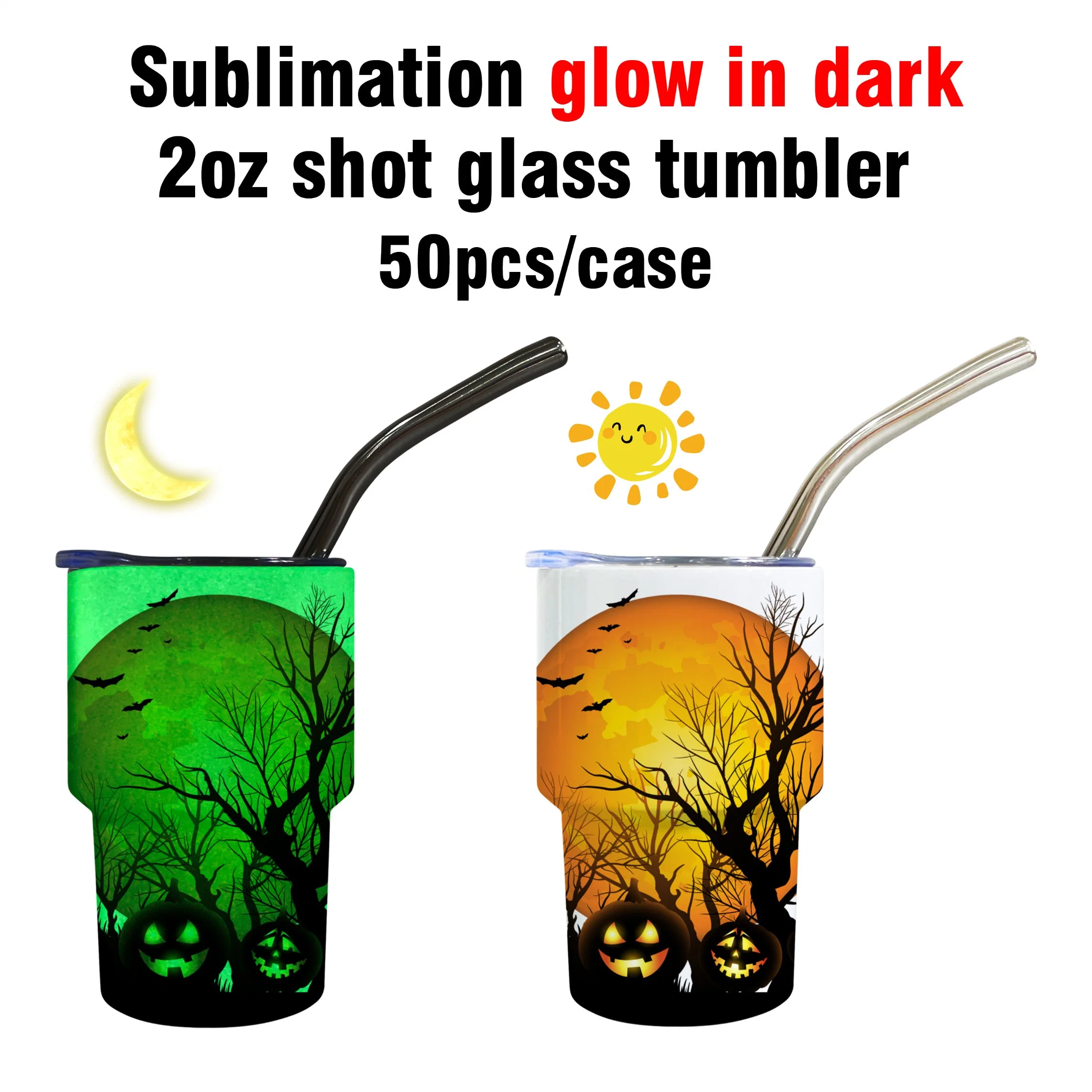 USA Warehouse 2oz 3oz White Blank Sublimation doppelwandige Vakuum Isolierte Edelstahl-farbigen glühenden in der Dunkelheit Tumbler Schuss Glas mit Deckel und Stroh