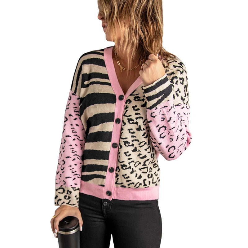 Sport Winter Contrabing Colors Leopard Print Women Coat Cárdigan suéter