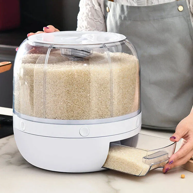 Rotating Dry Food Rice Dispenser 6-Grid Rotary Grain Buckets Rice Container Storager