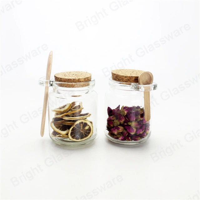 Hot Sale 8oz Glass Storage Jar with Wooden Spoon and Cork Lid