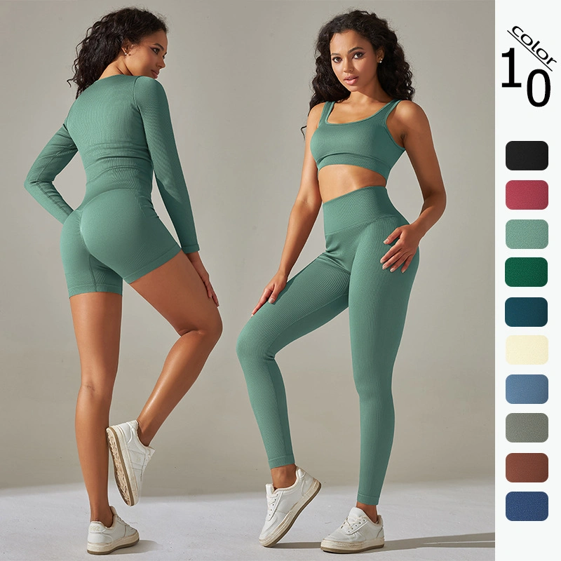 Amazon/Ebay/Wish/Shopee Vêtements de sport assortis pour femmes, soutien-gorge de sport + haut court à manches longues + short de gym + leggings sans couture Activewear.