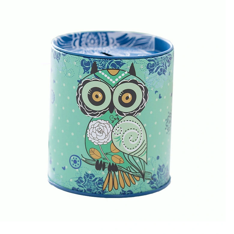 Owl Piggy Bank Tin Pen Pencil Brushes Holder Tinplate Save Spend Share Giving Coin Money Can