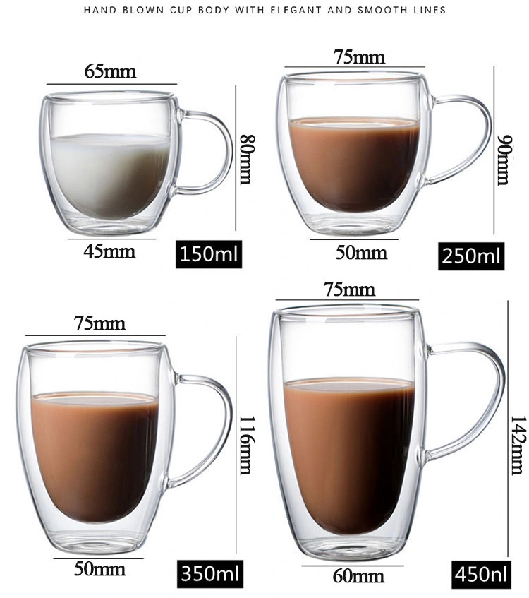 80ml 150ml 250ml 350ml 450ml 550ml 650ml Heat Resistant Borosilicate Double Wall Glass Kitchenware Glassware Coffee Tea Water Milk Wine Beer Drinking Cup Mugs