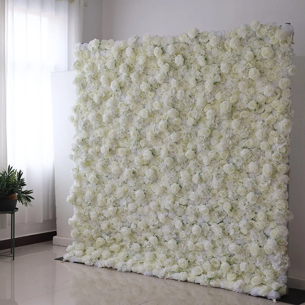 3D Customized Silk Pure White Wall Rose Artificial Plants and Flowers Wall for Wedding Banquet